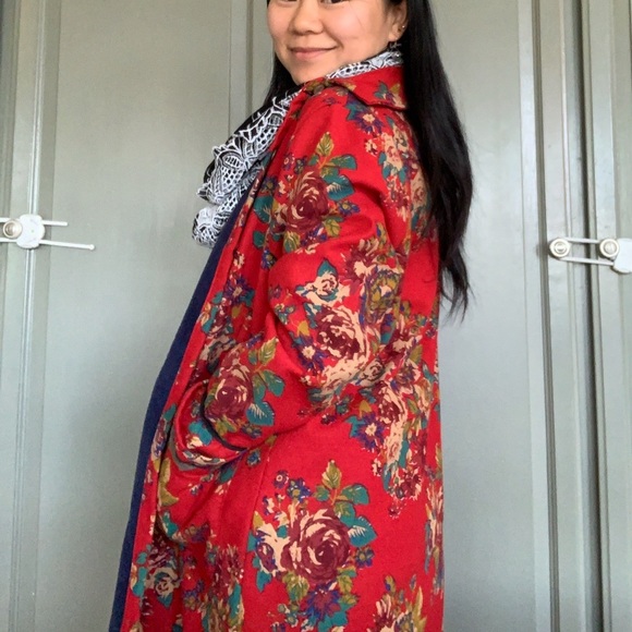 MANDARIN Floral Long Ethnic Coat Jacket Lined Red - Picture 3 of 8